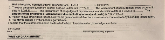 CAC requested in 2016 to garnish a car buyer’s wages for an original judgment of $14,633, even after $25,512 had already been repaid.